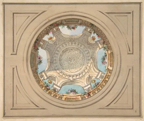 Design for a ceiling with trompe l'oeil balustrade by Jules-Edmond-Charles Lachaise, drawing, 1850-1900