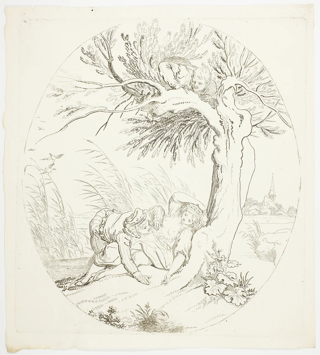 Unobserved Man Spying on Reclining Lovers by Johann Heinrich Ramberg, print, 1795