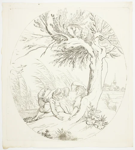 Unobserved Man Spying on Reclining Lovers by Johann Heinrich Ramberg, print, 1795