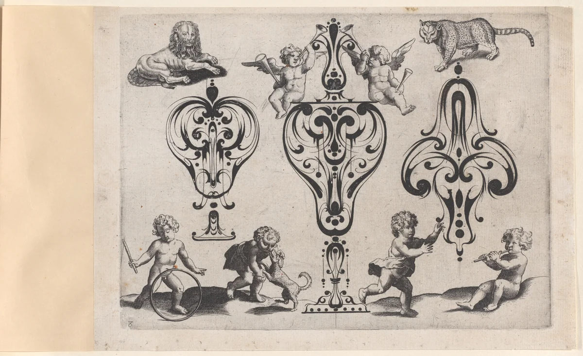 Blackwork Designs with Putti and Felines, Plate 8 from a Series of Blackwork Ornaments combined with Figures, Birds, Animals and Flowers by Meinert Gelijs, book, 1622