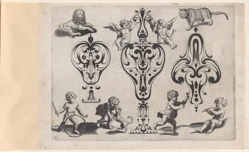 Blackwork Designs with Putti and Felines, Plate 8 from a Series of Blackwork Ornaments combined with Figures, Birds, Animals and Flowers by Meinert Gelijs, book, 1622