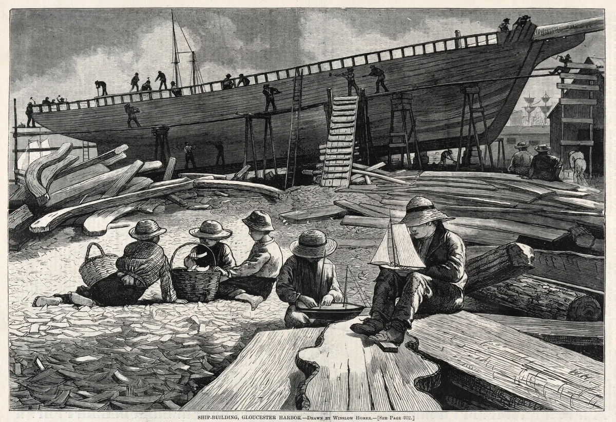 Ship-Building, Gloucester Harbor by Winslow Homer, print, 1873