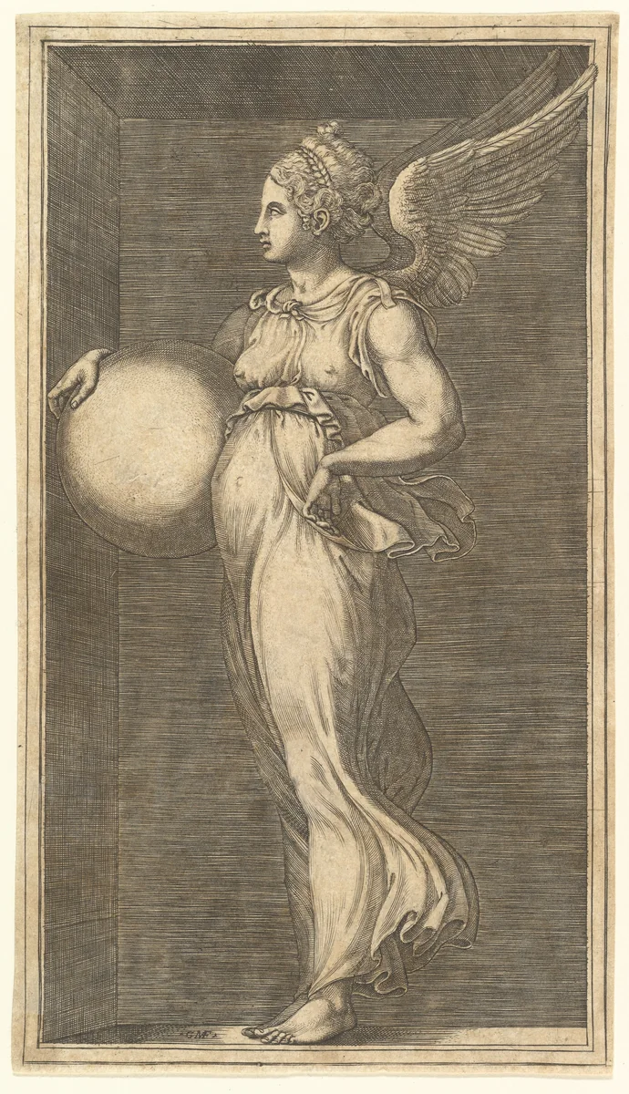 Female Winged Allegorical Figure Holding a Sphere by Giorgio Ghisi, print, 1558-1559