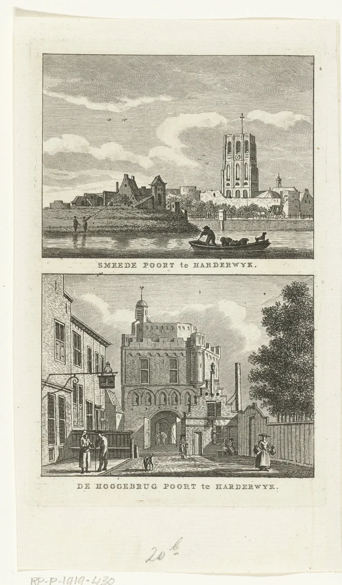 Twee stadsgezichten te Harderwijk: Smeedepoort en Hoogebrugpoort by Carel Frederik Bendorp, print, 1786-1792