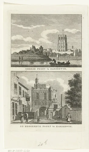 Twee stadsgezichten te Harderwijk: Smeedepoort en Hoogebrugpoort by Carel Frederik Bendorp, print, 1786-1792