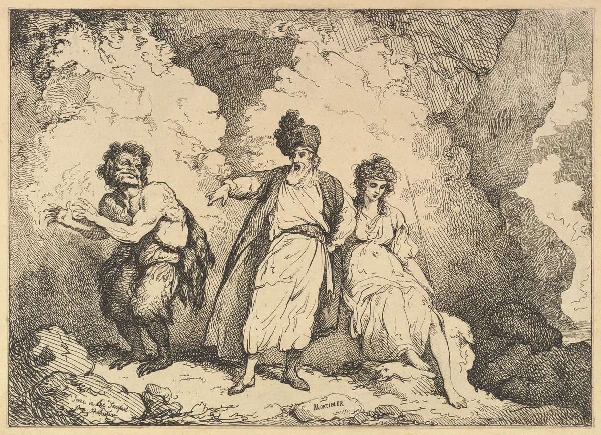Scene from the Tempest: Caliban, Prospero and Miranda by Thomas Rowlandson, print, 1783-1801