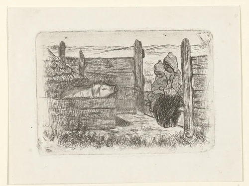 Kinderen bij het varkenskot by Jozef Israëls, print, 1835-1888