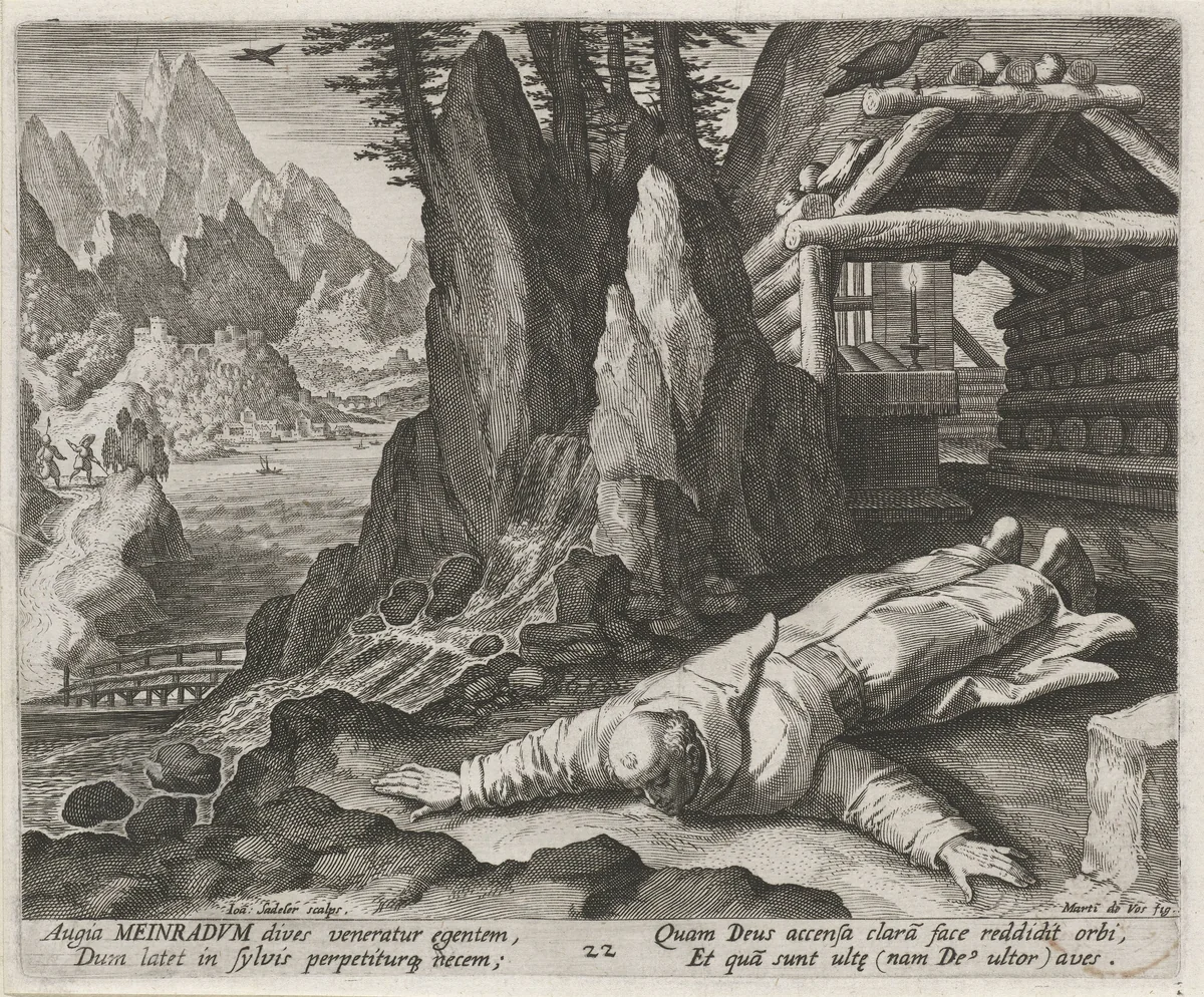 Heilige Meinradus van Einsiedeln als kluizenaar by Unknown, print, 1594