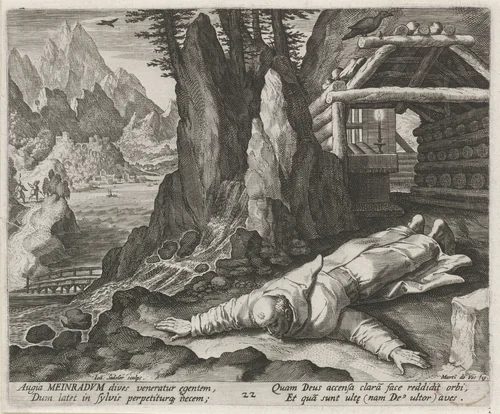 Heilige Meinradus van Einsiedeln als kluizenaar by Unknown, print, 1594