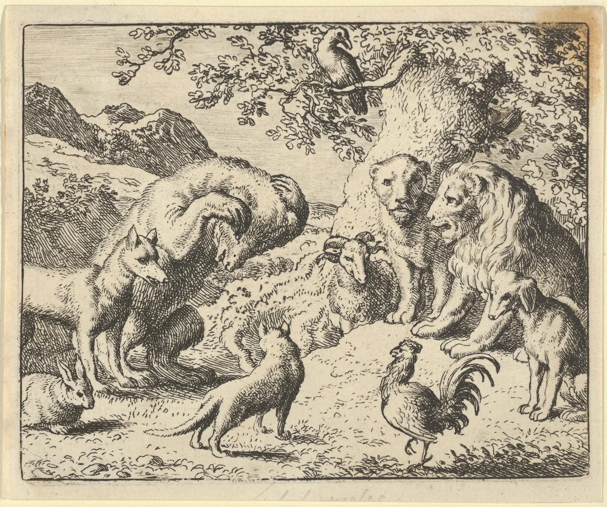 The Bear Seeks Justice from the Lion Against Renard from Hendrick van Alcmar's Renard The Fox by Allart van Everdingen, print, 1650-1675
