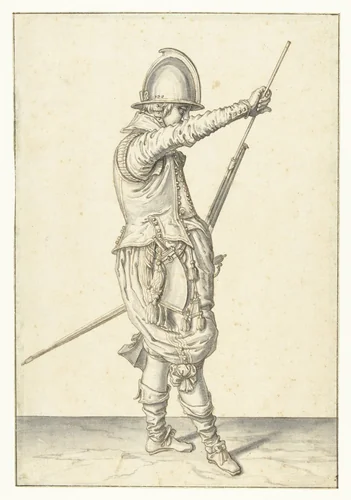 Soldaat die zijn laadstok uit de houder onder de loop van zijn roer haalt by Jacques de Gheyn, drawing, 1596-1606