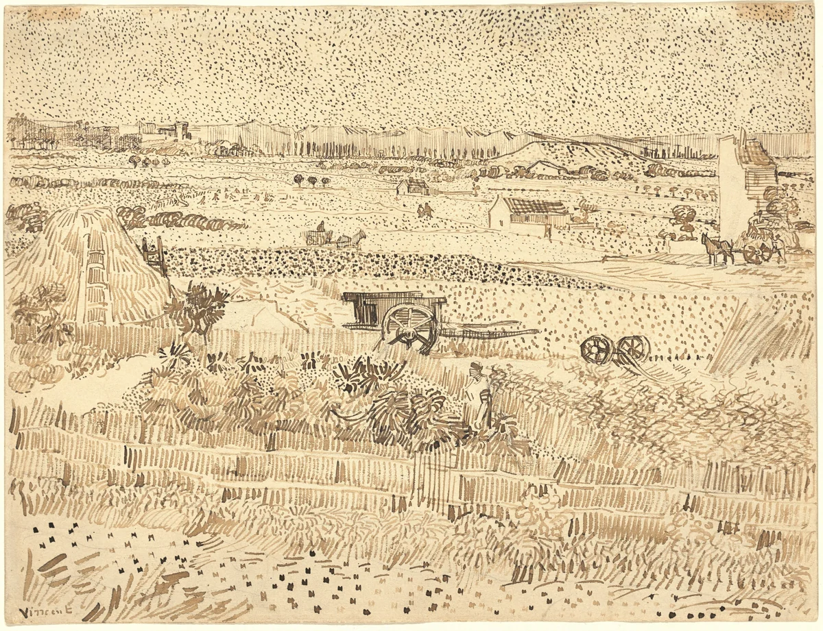 Harvest--The Plain of La Crau by Vincent van Gogh, drawing, 1888