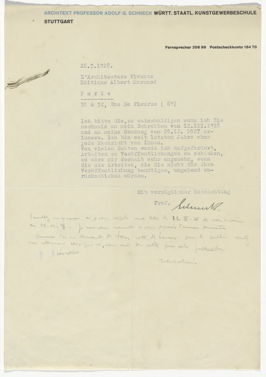 Adolf G. Schneck letterhead (Letter to Jean Badovici from Schneck) by Unidentified Designer, design, 1928