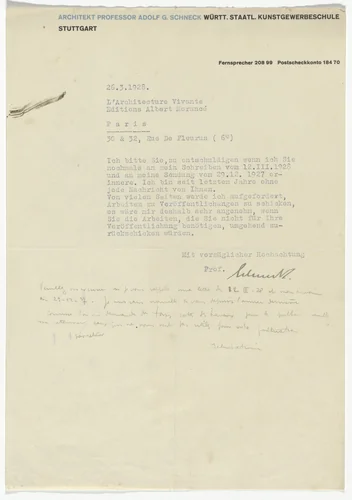 Adolf G. Schneck letterhead (Letter to Jean Badovici from Schneck) by Unidentified Designer, design, 1928