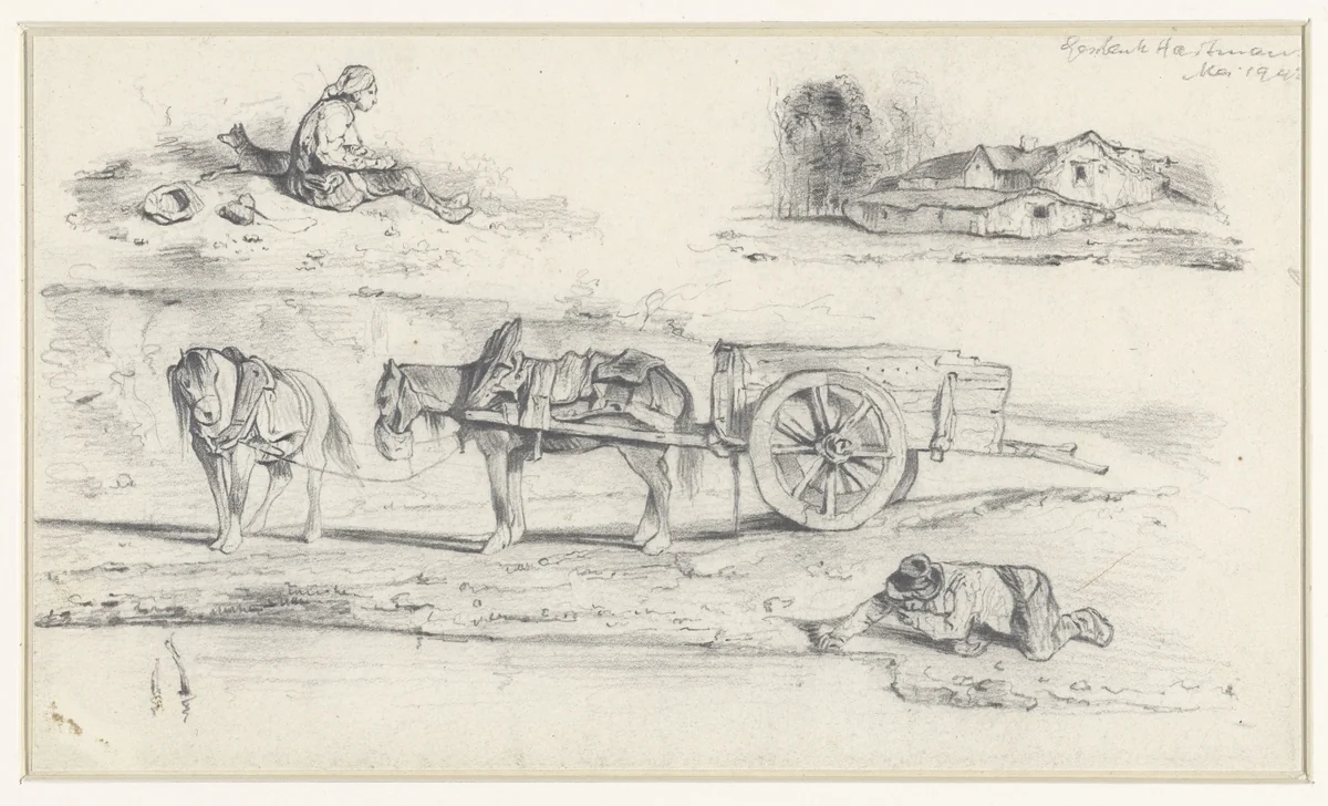 Studieblad met voorstelling van een schelpenvisser, geknield liggend aan de oeverrand by anonymous, drawing, 1800-1900