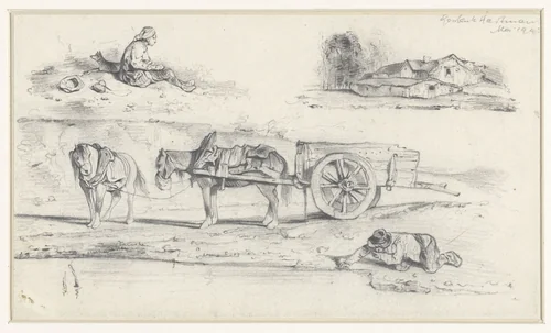 Studieblad met voorstelling van een schelpenvisser, geknield liggend aan de oeverrand by anonymous, drawing, 1800-1900