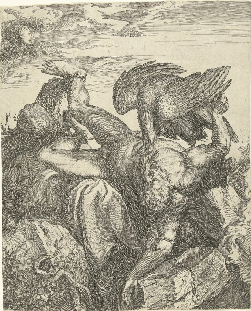 Prometheus aan de rotsen van de Kaukasus geketend / Tityus in de hel by Unknown, print, 1566