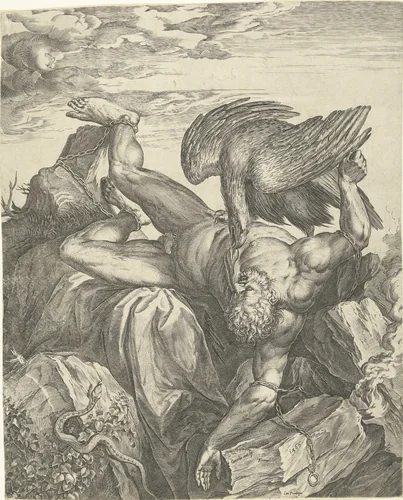 Prometheus aan de rotsen van de Kaukasus geketend / Tityus in de hel by Unknown, print, 1566