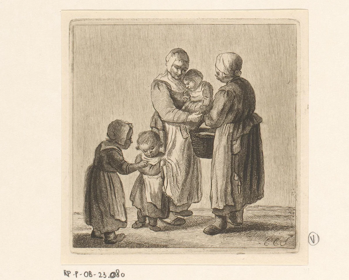 Twee moeders met kinderen by Pieter de Mare, print, 1779