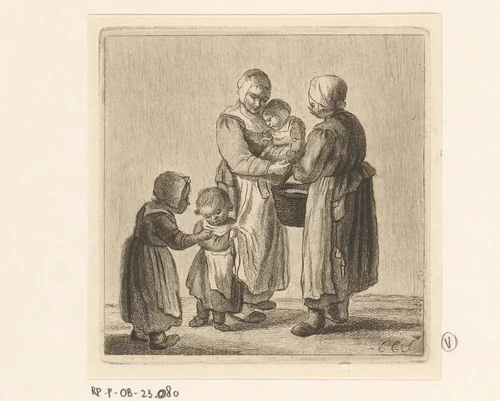 Twee moeders met kinderen by Pieter de Mare, print, 1779