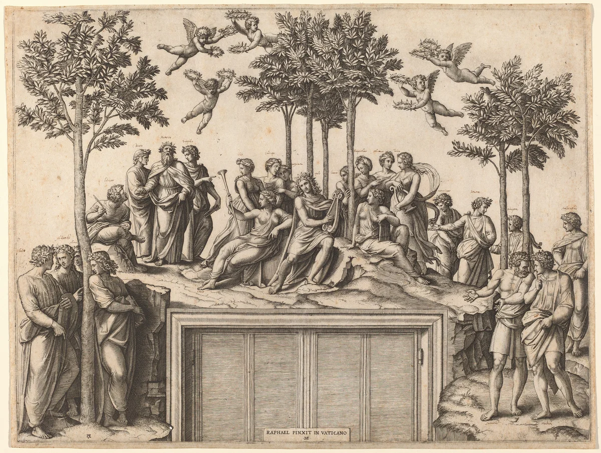 Apollo on Parnassus by Marcantonio Raimondi, print, 1515-1520
