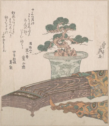 Potted Pine Tree and Koto (Japanese Harp) by Keisai Eisen (渓斎英泉), print, 1800-1899