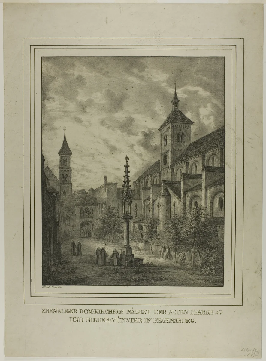 Former Cathedral Churchyard near the Old Rectory and Minster in Regensberg by Domenico Quaglio, print, 1818