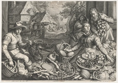 Market Scene, the Rest on the Flight into Egypt in the Background, from Kitchen and Market Scenes with Biblical Scenes in the Background by Jacob Matham, print, 1603