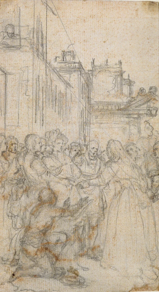 Literary Illustration with Group of Figures Pleading with Man by Hubert François Gravelot, drawing, 1719-1773
