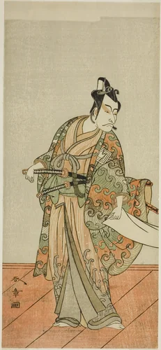 The Actor Ichikawa Danjuro V as Kudo Kanaishi (?) in the Play Izu-goyomi Shibai no Ganjitsu (?), Performed at the Morita Theater (?) in the Eleventh Month, 1772 (?) by Katsukawa Shunsho (勝川 春章), print, 1767-1777