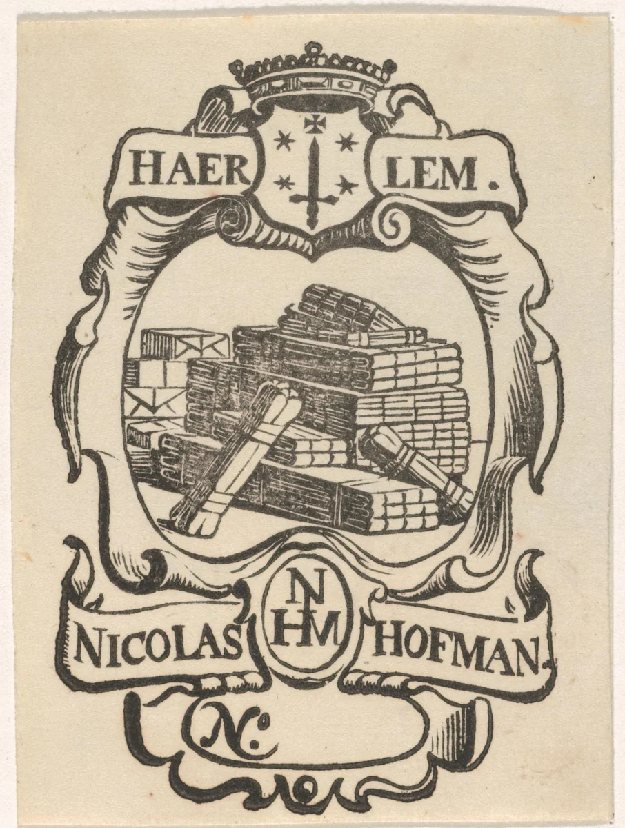 Handelsetiket van Nicolas Hofman te Haarlem by Isaac Vincentsz. van der Vinne, print, 1681-1740