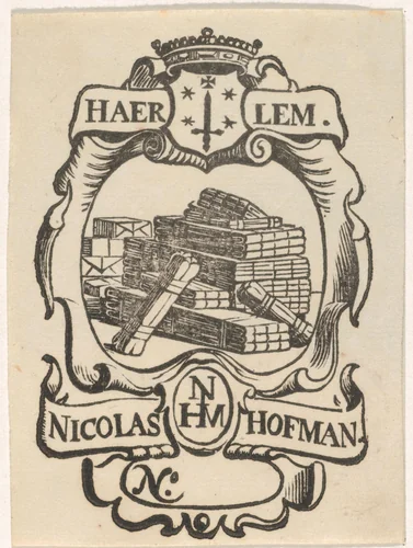 Handelsetiket van Nicolas Hofman te Haarlem by Isaac Vincentsz. van der Vinne, print, 1681-1740