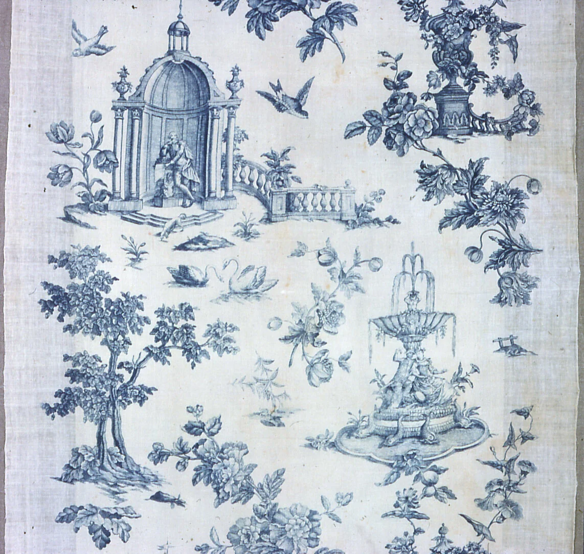 Shakespeare Monument with Fantastic Fountains and Trees (Furnishing Fabric) by John Munns, textile, 1770-1789