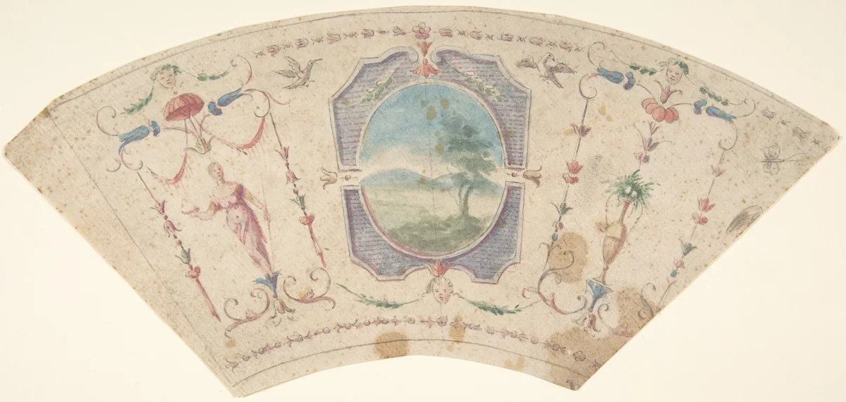 Semi-Circular Design with Grotesques and a Central Medaillon containing a Landscape by anonymous, drawing, 1700-1800