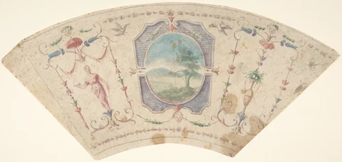 Semi-Circular Design with Grotesques and a Central Medaillon containing a Landscape by anonymous, drawing, 1700-1800