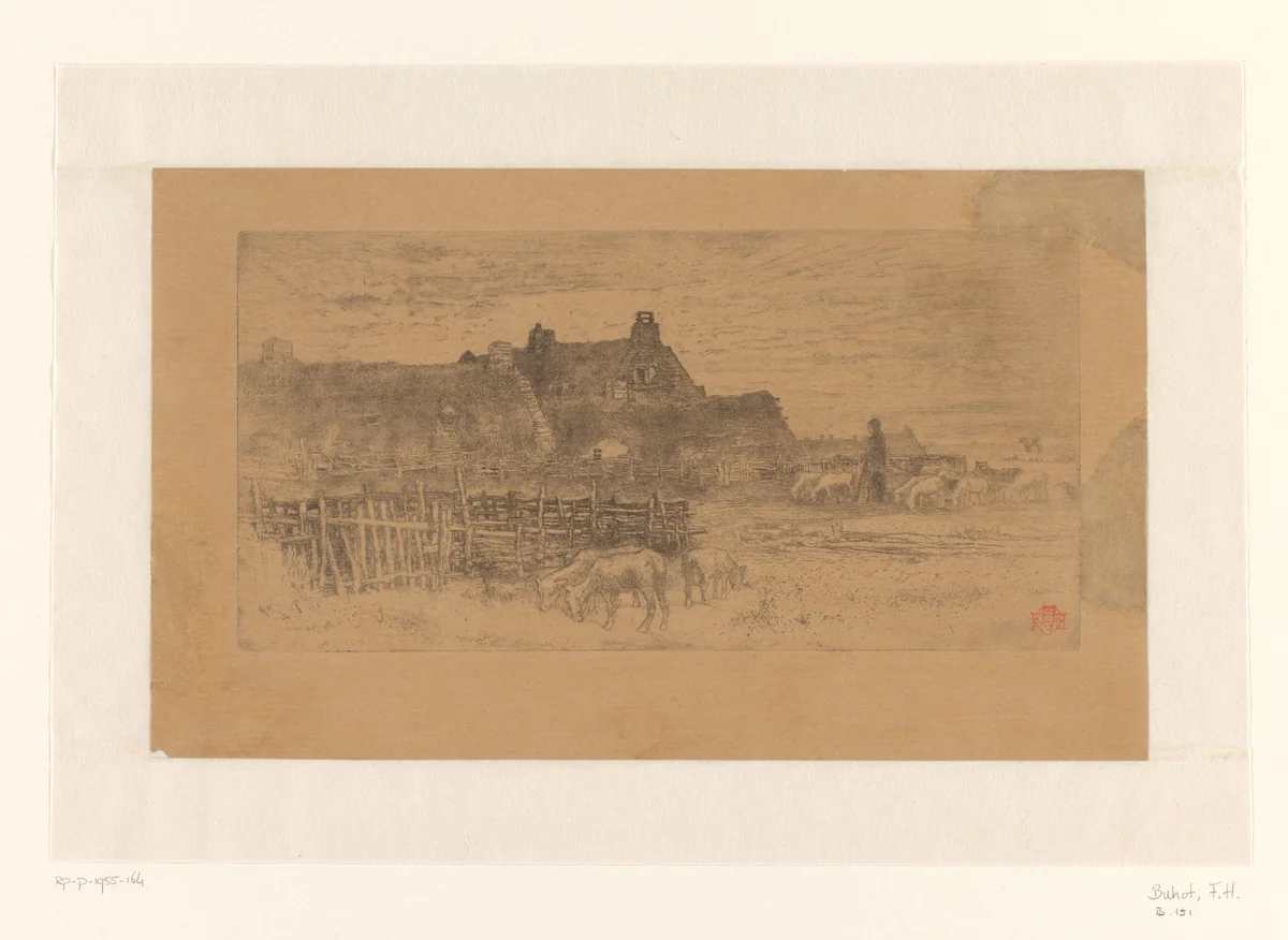 Boerderij met schaapskooien en schapen by Félix Hilaire Buhot, print, 1881