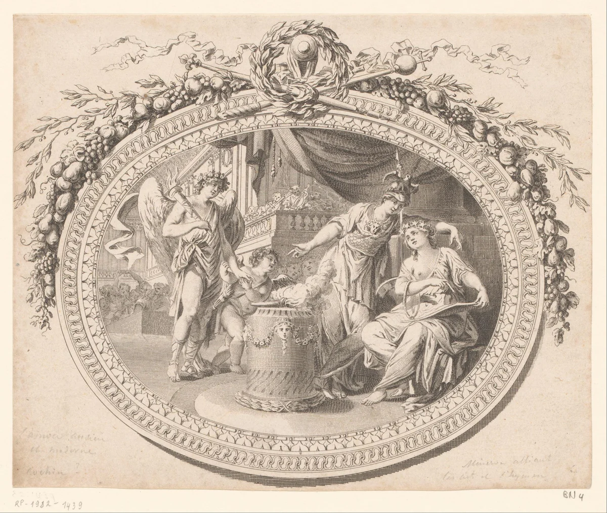 Allegorie op het huwelijk tussen Lodewijk XVI van Frankrijk en Marie Antoinette by Pierre Laurent Auvray, print, 1770