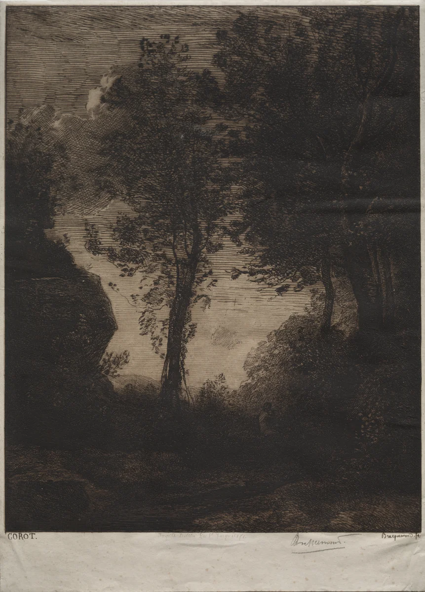 Landscape: Sunset, after Corot by Félix Bracquemond, print, 1853-1863