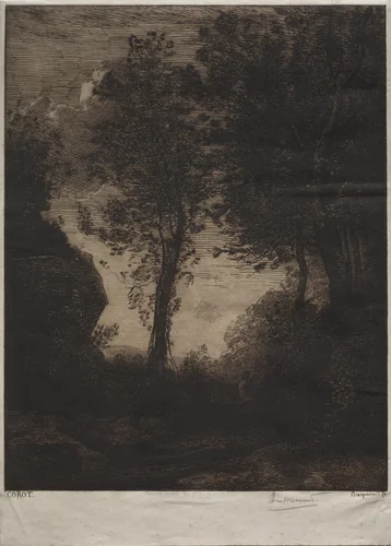 Landscape: Sunset, after Corot by Félix Bracquemond, print, 1853-1863