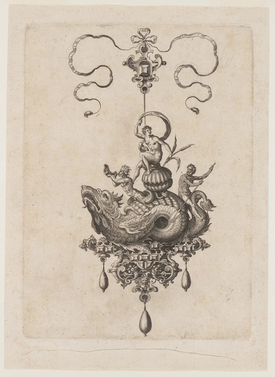 Renaissance Jeweled Pendant Sea Monsters by Adriaen Collaert, print, 1582
