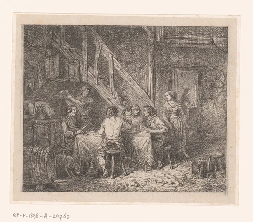 Figuren aan een maaltijd in een boereninterieur by Charles Emile Jacque, print, 1823-1894
