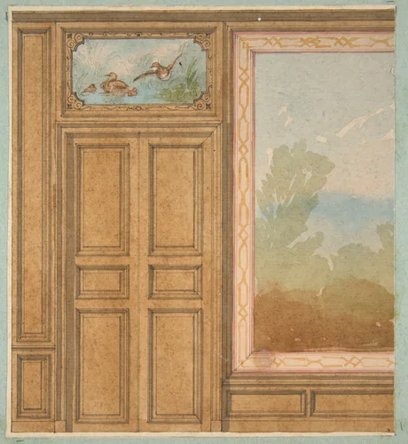 Elevation of a paneled wall with a mural or tapestry and a double doors surmounted by a painting of ducks by Jules-Edmond-Charles Lachaise, drawing, 1820-1897