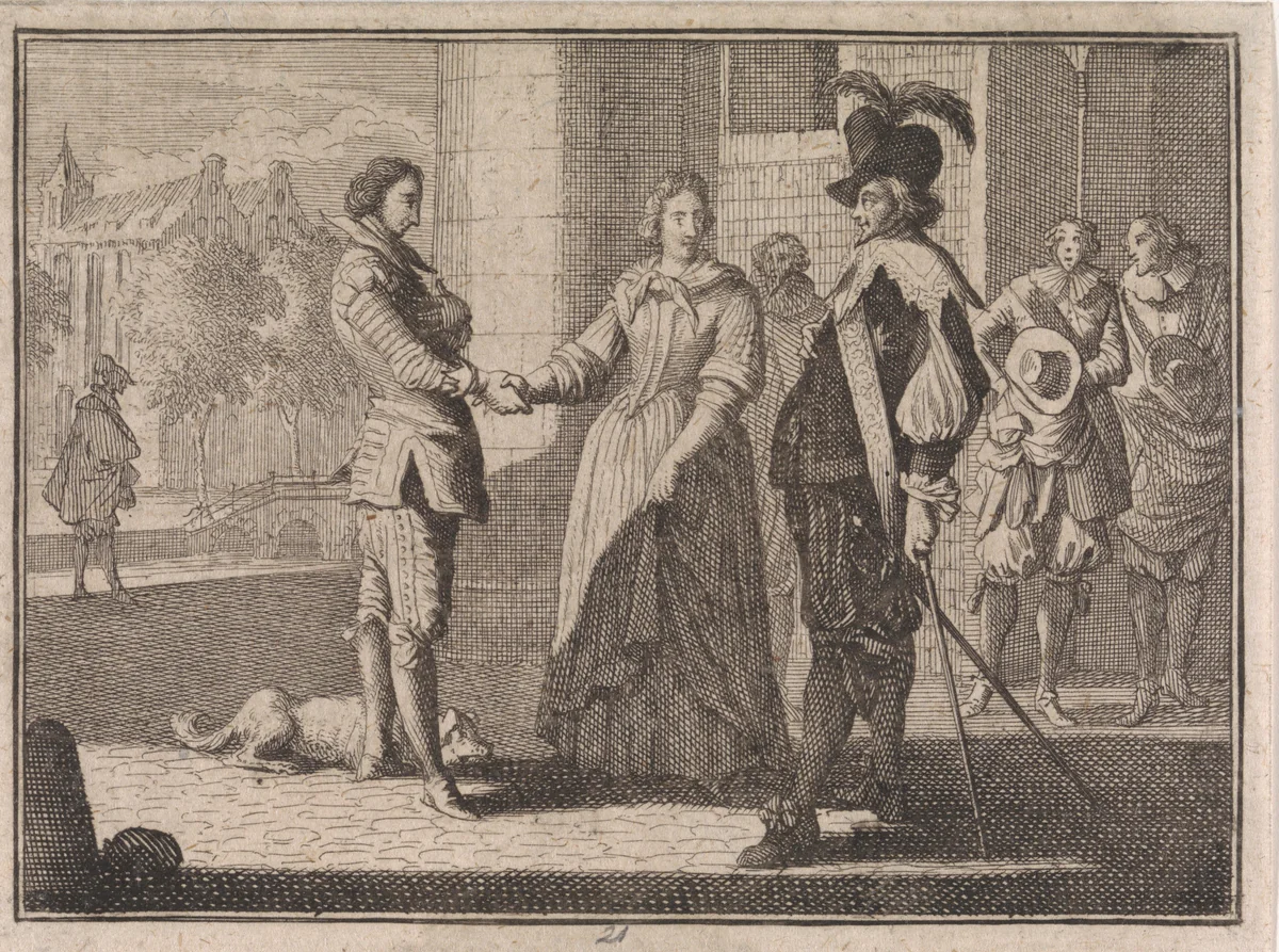 Vrouw stelt een jongen voor aan haar echtgenoot by Caspar Luyken, print, 1710