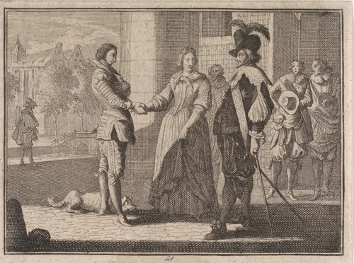 Vrouw stelt een jongen voor aan haar echtgenoot by Caspar Luyken, print, 1710
