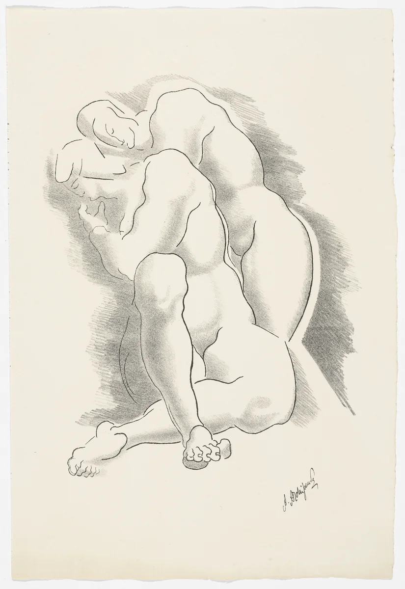 Untitled (Two Bending Figures) from the portfolio Alexandre Archipenko: Dreizehn Steinzeichnungen by Alexander Archipenko, print, 1921