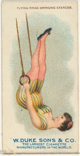 Flying Rings Swinging Exercise, from the Gymnastic Exercises series (N77) for Duke brand cigarettes by W. Duke, Sons & Co., print, 1887