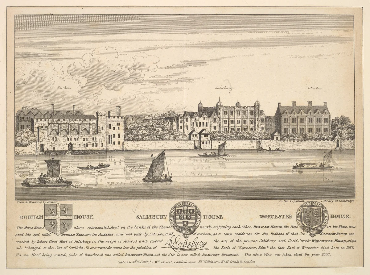 Durham House, Salisbury House and Worcester House on the Thames by Wenceslaus Hollar, print, 1808