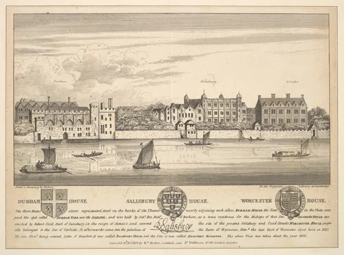 Durham House, Salisbury House and Worcester House on the Thames by Wenceslaus Hollar, print, 1808