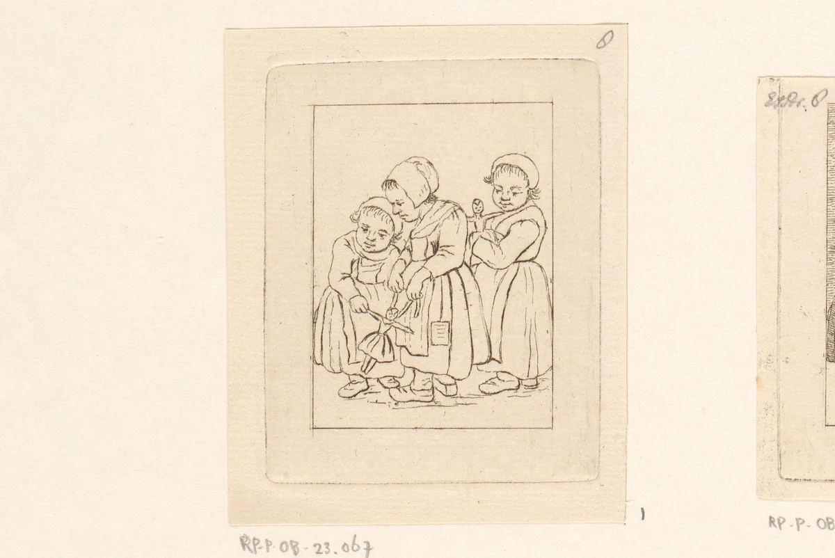 Drie meisjes met poppen by Pieter de Mare, print, 1779
