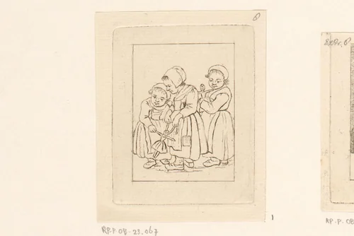 Drie meisjes met poppen by Pieter de Mare, print, 1779